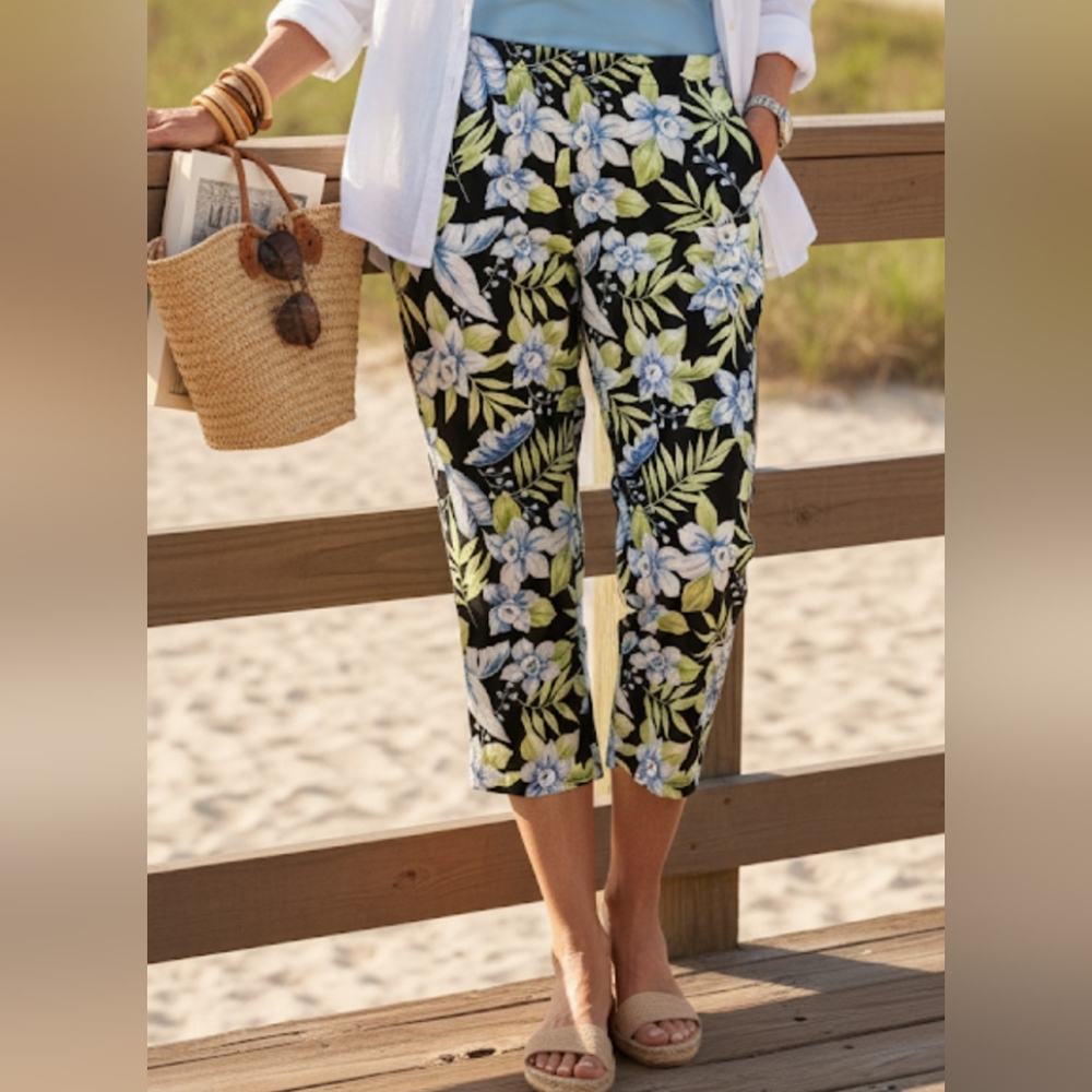 Telluride Clothing Co‎ Sz 8 Tropical Floral Wide Leg Pants Black Blue Green 326